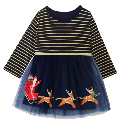 MK MATT KEELY Weihnachtskleid Mädchen 2-7 Jahre Prinzessin Kleid Kinder Langarm Streifen Kleider Baumwolle T-Shirt Kleid,Marineblau,4 Jahre von MK MATT KEELY