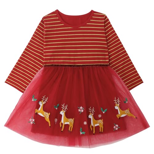 MK MATT KEELY Weihnachtskleid Mädchen 2-7 Jahre Prinzessin Kleid Kinder Langarm Streifen Kleider Baumwolle T-Shirt Kleid,Rot,3 Jahre von MK MATT KEELY