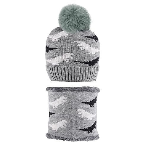 MK MATT KEELY Winter Mütze Schal Set 2-6 Jahre Junge Warme Dinosaurier Strickmütze Schal mit Dicke Fleecefutter,Grau von MK MATT KEELY