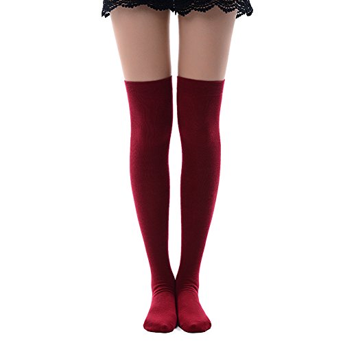 MK MEIKAN Damen Overknee High Socken Tube Kleider Mode Baumwolle Oberschenkel Hohe Socken Strümpfe Cosplay Socken, 1 Paar, Weinrot, Einheitsgröße von MK MEIKAN