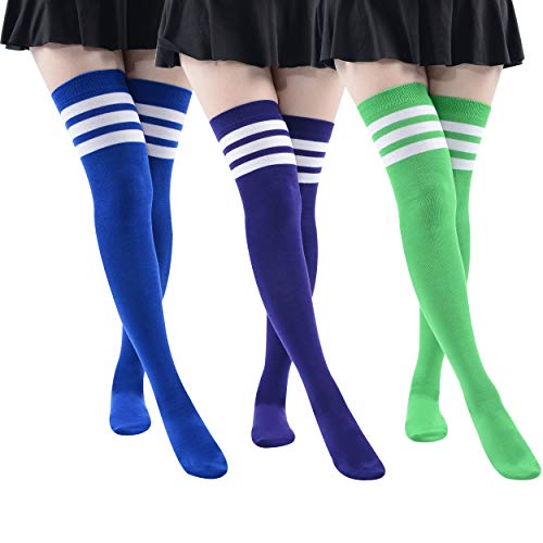 MK MEIKAN Stiefelsocken für Damen, kniehoch, extra hoch, athletische Streifen, gemustert, Cosplay, niedlich, Zuhause, Marineblau, Grün, Oberschenkelstrümpfe, 3 Paar (Grün, Marineblau, Blau) von MK MEIKAN