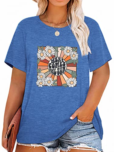 Damen-T-Shirt, Übergröße, Löwenzahn-Druck, niedlich, Grafik, Blumenmuster, kurzärmelig, Sommer-T-Shirt, A1-Blau, 5X-Groß von MK Shop Limited