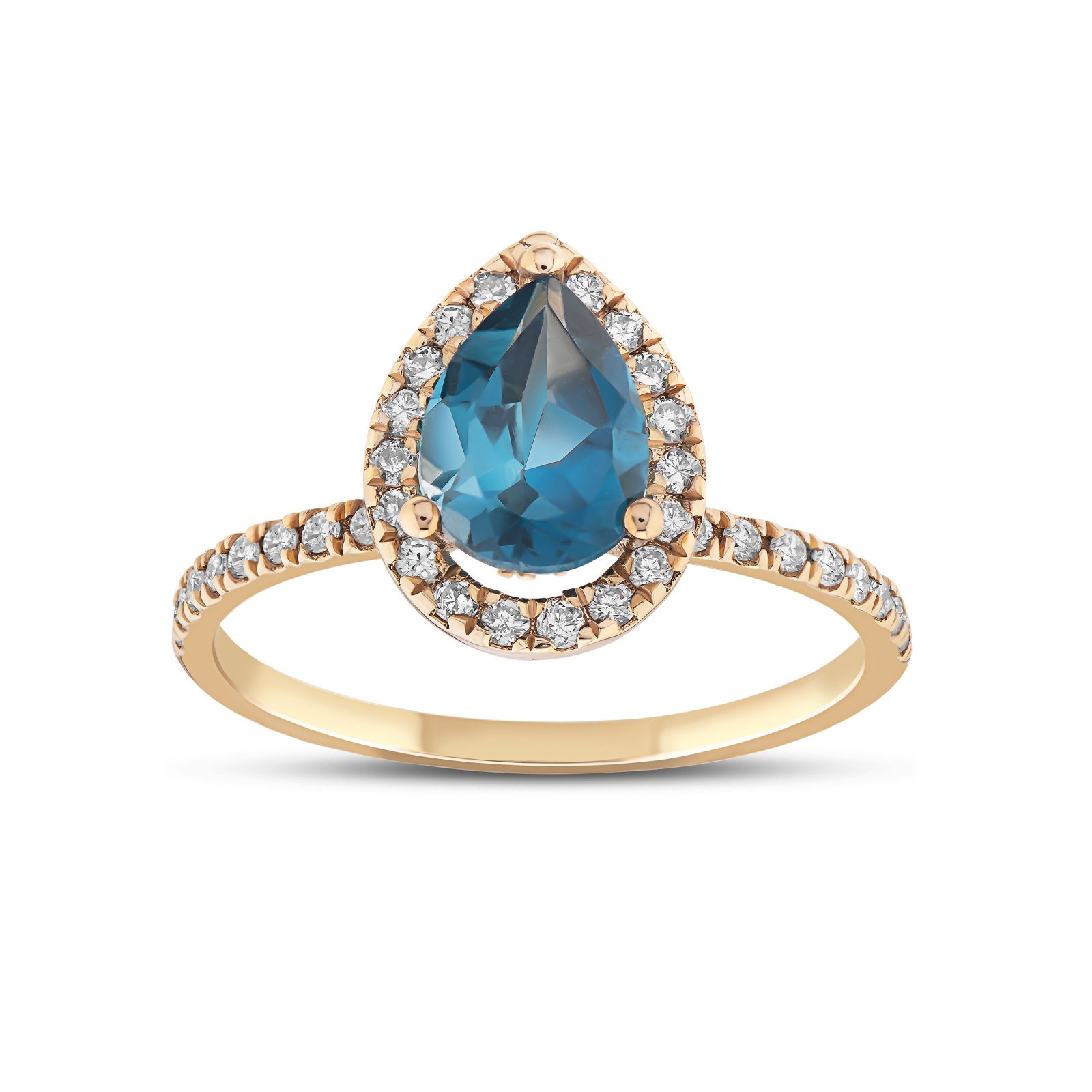 Pear Cut London Blautopas Ring, Birthstone Topas 14K Gold, Echter Diamant von PiecesOfMeDiamond