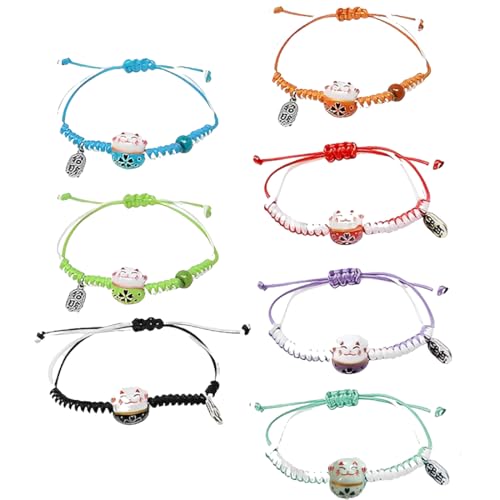 7 Stück Glückskatze Armband Katze Maneki Neko Armband Süße Lucky Cat Keramikperlenarmband Fortune Kawaii Katze Keramikperlen Armband Verstellbares Glücksarmband Geflochtenes Freundschaftsarmband von MKEAWWU