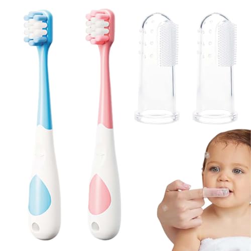 MKEAWWU Baby Zahnbürste Set, 2 Zahnbürsten + 2 transparente Fingerlinge, BPA-freies Lebensmittelsilikon, rosa/blau, 13.5 cm, für Babys 3-24 Monate von MKEAWWU