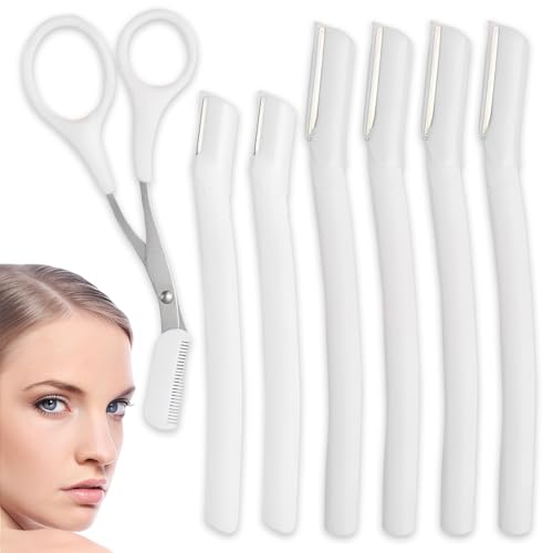 MKEAWWU Gesichtsrasierer Frauen, 4 Lange + 2 Kurze + 1 Schere, weiß, 15.5 cm, sanfte Exfoliationsklinge für Gesicht & Augenbrauen von MKEAWWU