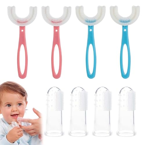 MKEAWWU Zahnbürste Kinder, 8 Stück (4 U-förmige + 4 Fingerzahnbürsten), 4,5 cm Bürstenkopf, lebensmittelechtes Silikon, für 6-12 Jahre, blau/rosa von MKEAWWU