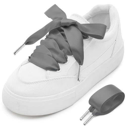 MKEHSH Satinband-Schnürsenkel: 2,2 cm breite, flache Seiden-Schnürsenkel, 1 Paar für Damen, 05 dunkelgrau + silberfarbene Metallspitzen, 39 inch(100CM) von MKEHSH