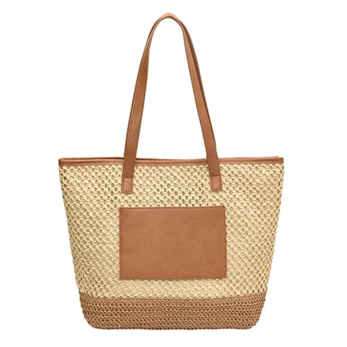 MKEMQXBEP Damen Stroh Häkeln Strand Handtasche PU Patchwork Schultertasche(Beige 1PC) von MKEMQXBEP
