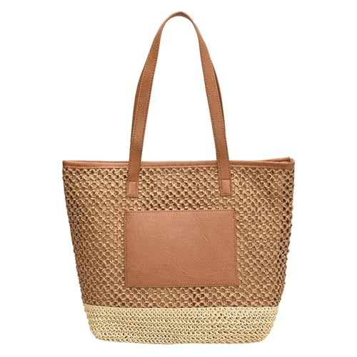 MKEMQXBEP Damen Stroh Häkeln Strand Handtasche PU Patchwork Schultertasche(Light brown 1PC) von MKEMQXBEP