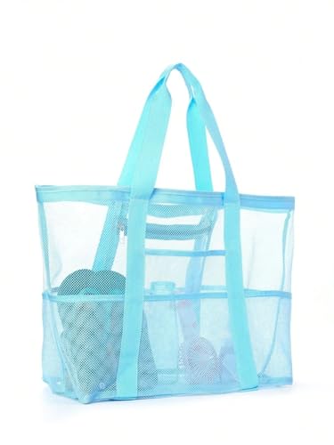 MKEMQXBEP Mesh-Strandtasche mit Reißverschlusstasche for die Familie, Pooltasche for Spielzeug und Urlaubsutensilien(LIGHT BLUE 1pc) von MKEMQXBEP