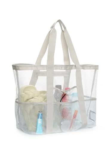 MKEMQXBEP Mesh-Strandtasche mit Reißverschlusstasche for die Familie, Pooltasche for Spielzeug und Urlaubsutensilien(Light grey 1pc) von MKEMQXBEP