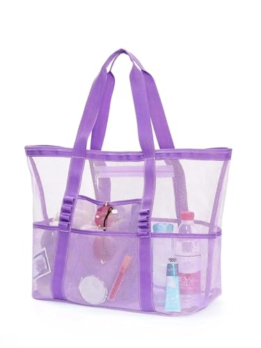 MKEMQXBEP Mesh-Strandtasche mit Reißverschlusstasche for die Familie, Pooltasche for Spielzeug und Urlaubsutensilien(PURPLE 1PC) von MKEMQXBEP