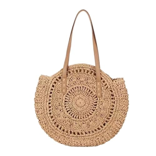 MKEMQXBEP Sommer Runde Stroh Frauen Urlaub Gewebte Strand Schulter Tasche Große Kapazität Aushöhlen Einkaufstasche(Hollowkhaki 1PC) von MKEMQXBEP
