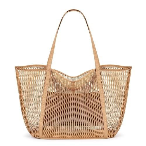MKEMQXBEP Strand-Netz-Einkaufstasche for Damen, Schultertasche for Schwimmurlaub(Camel 1PC) von MKEMQXBEP