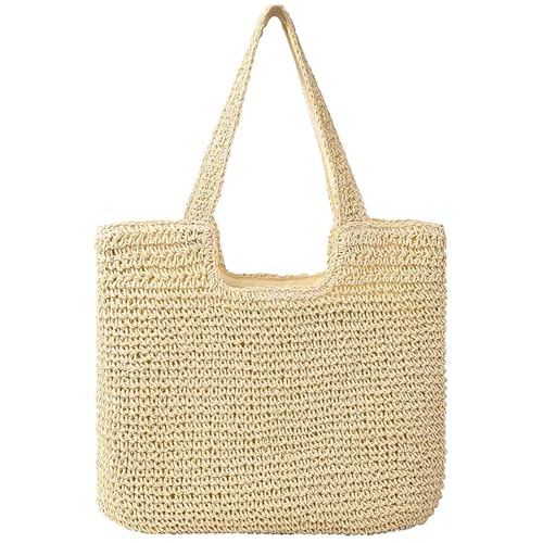 MKEMQXBEP Stroh Strand Tasche Frauen Gewebt Schulter Taschen Boho for Sommer Strand Reise(Beige 1PC) von MKEMQXBEP