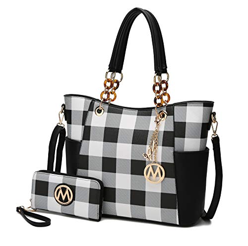 MKF Crossbody Tasche für Damen Set Handtasche Geldbörse Geldbörse - Top-Handle Tote - Abnehmbarer Schultergurt Vegan Leder, Schwarz (Checker Black), Large von MKF Collection