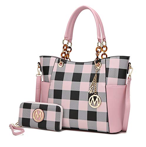 MKF Crossbody Tasche für Damen Set Handtasche börse börse - Top-Handle Tote - Abnehmbarer Schultergurt Vegan Leder, Pink (Karo Rosa), Large von MKF Collection