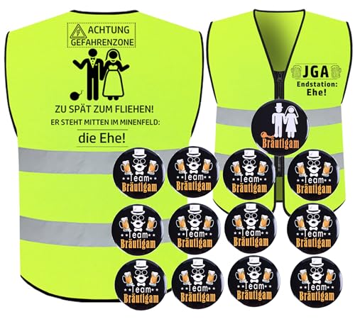 Lustiges Junggesellenabschied-Set für den Bräutigam – Reflektierende Weste + 1 Bräutigam-Badge + 12 Freunde-Badges JGA Accessoires Männer Geschenkidee für Junggesellenabschied von MKISHINE
