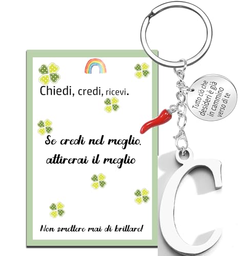 MKISHINE Schlüsselanhänger Anfangsbuchstabe A-Z mit rotem Horn - Motivationsgeschenk mit Anhänger und Karte des Gesetzes der Anziehung Geschenk Damen Herren Geburtstag Glücksbringer Schlüsselanhänger von MKISHINE