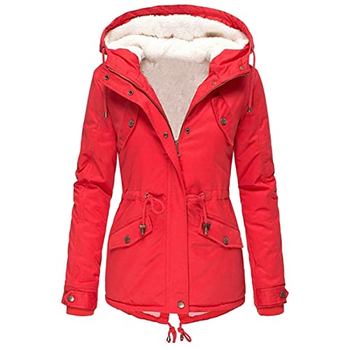 MKIU9 Jacke Damen Herbst Lang Kapuzenjacke Regular Fit Jacken Manteljacke GroßeGröße Sweatjacke Fleece jacke Wanderjacke Parka Coat mit Tasche Streetwear für Herbst Winter Frühling, 5*1-rot, XL von MKIU9