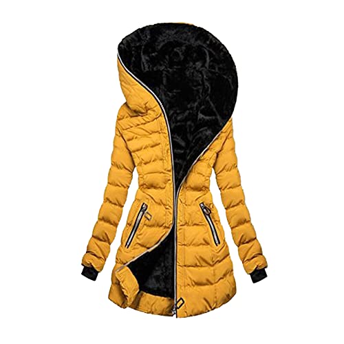 MKIU9 Wintermantel Daunen Damen Winterjacke Lang Warm Gefüttert Winterparka Warme Funktionsjacke Steppjacke Steppmantel Sweatshirt Langarm Hoodie Kapuzenpullover, Gelb, S von MKIU9