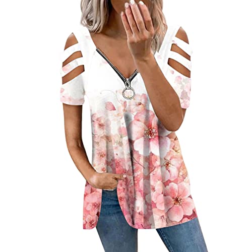 Bluse Damen Kurzarm Damen Westernhemd Reißverschluss Pullover mit kurzen Ärmeln Farbblocknähte V-Ausschnitt Lässiges Top Vintage T-Shirt 2 Teiler Damen Sexy von MKIUHNJ