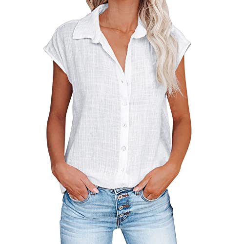 Damen Einfarbig Sommer Knopf Pullover Slim Fit Ärmellos Stehkragen Shirt Top Weste Oversized Bluse Damen Tanktop Baumwolle Leinenbluse Damen Oversize Weiss Damen T-Shirt Mit Knopfleiste von MKIUHNJ