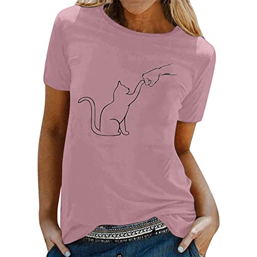 Damen Rundhals T-Shirt Kurzärmliges O-Neck-T-Shirt-Oberteil für Damen, Frühling, Sommer, Katzen Regenbogen Pullover Damen von MKIUHNJ