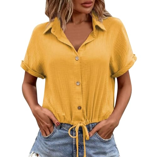 Damen-Strickjacke für den Sommer, einfarbig, mit Knöpfen kurzen Ärmeln zum Binden Top Damen Sommer Locker Shirt Damen V Ausschnitt Top Damen Sommer Baumwolle von MKIUHNJ