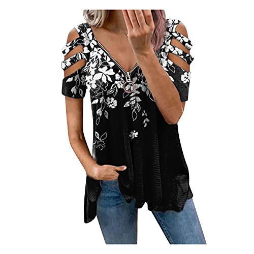 Damen T-Shirt Mit Cutouts An Den Schultern Bluse Damen Kurzarm Sommer Damen T Shirt S Kurzärmeliges Sommer-T-Shirt für Frauen mit V-Ausschnitt Western lässiger Reißverschluss Blaues Top von MKIUHNJ