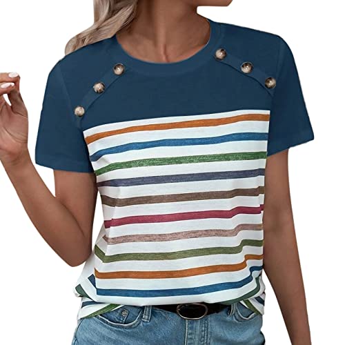 Damen T-Shirt Mit Knopfleiste Damen T-Shirt Mit Streifen Kurzärmliges, lässiges Oberteil für Damen mit gestreiftem Druck, Patchwork-Knopf Rundhalsausschnitt Top Vintage (Blue, XXL) von MKIUHNJ