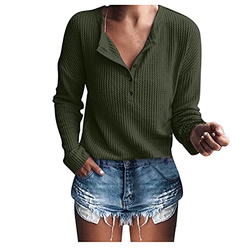 Damen Waffelstrick Pullover Langarm Henley Shirt Frauen Bluse mit V-Ausschnitt Party Basic-Top Lässig T-Shirt mit Knöpfe Damen-Oberteile mit Waffelmuster Langarmshirt Damen Damen Longsleeve von MKIUHNJ