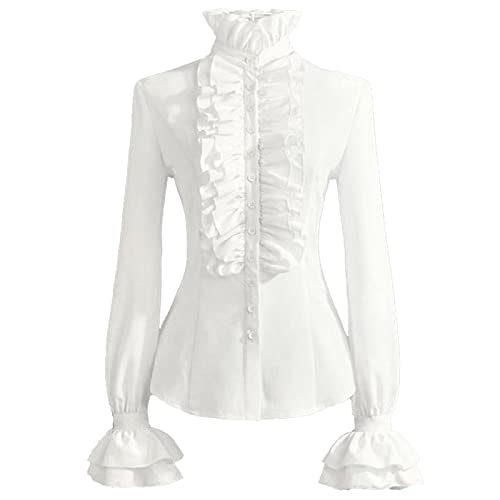 Dirndlbluse Spitze Schwarz Dirndlbluse Spitze Hochgeschlossen Damen Gothic Shirt Retro Langarm Rüschen Top Shirt Bluse Mit Blumenmuster Damen (0815A-White, M) von MKIUHNJ