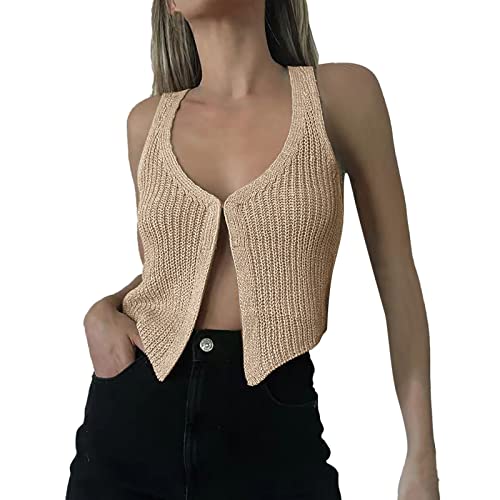 Frauen Solide Häkeln V-Ausschnitt Weste Top Stricken Ärmellose Button-Down Streetwear Pullover Mantel Westen Sommer Strickweste Damen Strickkleid Damen Sexy Kurz (Khaki, S) von MKIUHNJ