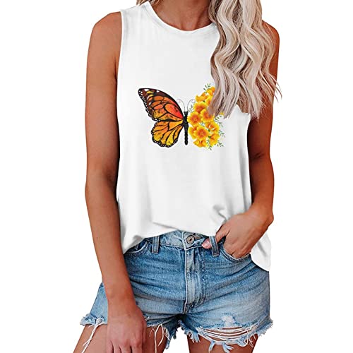 Frauen Sommer Tops ärmelloses Tank Schmetterling Blumen lässig niedlich lockere Passform süße T-Shirt Tunika Enges Kleid Schwarz Ärmellose Weste Damen Damen Tanktop Baumwolle Damen Rundhals Kurzarm von MKIUHNJ