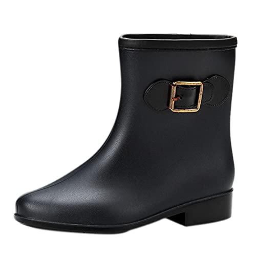 Gummistiefel Damen Gefüttert Wasserdichter Regen mit niedrigem Absatz, runde Schnalle, mittlere Zehe, Damenstiefel, Schlauchschuh, Damen-Regenschuhe Damenschuhe Weite H Regenstiefelette (Black, 40) von MKIUHNJ