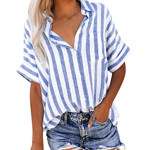 Hemdbluse Damen Blau Weiss Gestreift Bluse Damen Elegant Frauen beliebte T-T-Töpfe modische gestreifte Kurze Blusenhllen-Knopfleiste Frauen T-Shirts Lässiges Shirt Damen von MKIUHNJ