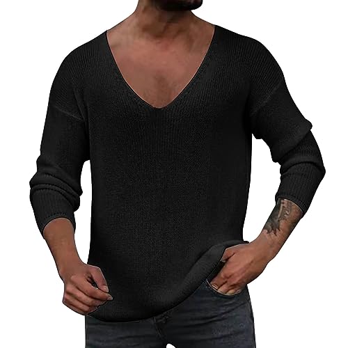 Herren Pullover Mit V-vonschnitt Männlicher Herbst- Und Winterstrick-Langarmpullover Mit Tiefem V-Ausschnitt Und Einfarbigem Oberteil Grauer Mantel Herren Pullover Rundhalsvonschnitt (Black, L) von MKIUHNJ