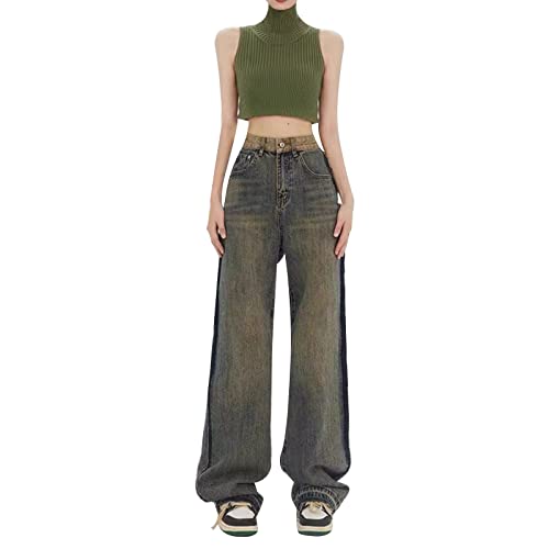 Hosen Damen Jeans Weibliches Frühlings- und Sommerdesign Sense Mop European American Style Retro High Street Yellow Mud Dyed Edge Wide Leg Straight Casual Denim Hose Tumbler Kleidung Mädchen von MKIUHNJ