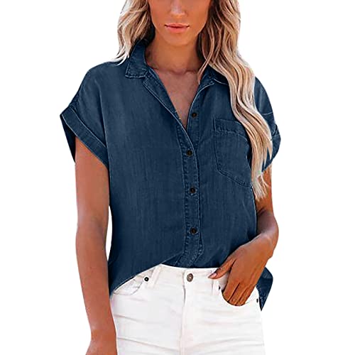 Jeansbluse Damen Kurzarm Jeanshemd Kurzärmliges Jeanshemd für Damen, gerade Tasche, lockeres Oberteil mit Puffärmeln T Shirt Christmas von MKIUHNJ