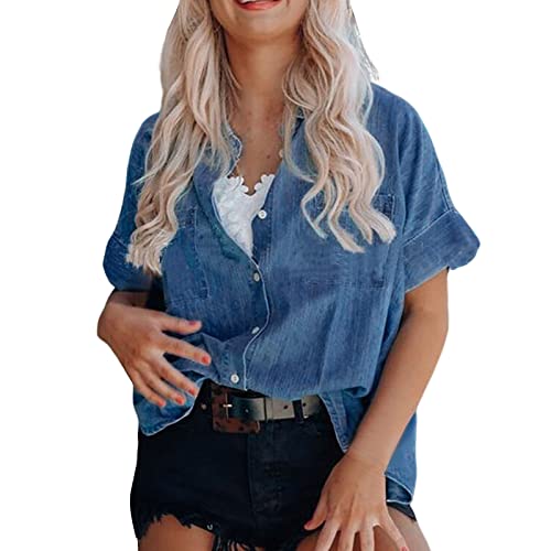 Jeansbluse Damen Kurzarm Jeanshemd Kurzärmliges Jeanshemd für Damen, gerade Tasche, lockeres Oberteil mit Puffärmeln T Shirt Christmas von MKIUHNJ