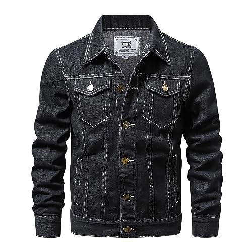 Jeansjacke Herren Winter Gefütterte Western-Jeansjacke für Herren im Frühjahr/Herbst-Stil Männer Winter Jeansjacke Herren Slim Fit Freizeitjacke Knöpfe Denim Jacke Jeans Trucker Jacke (Black, XXXL) von MKIUHNJ