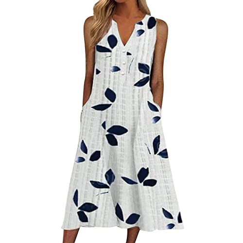 Jumpsuit Damen Elegant Frauen Casual Leaves Print Knopf V-Ausschnitt ärmellose Tasche langes Kleid Urlaubskleid Damen Kleider Sommer Damen Freizeitkleider Mit Allover-Print Midi Kleider Damen Sommer von MKIUHNJ