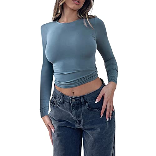 Langarm Shirt Eng Mädchen Damen Rundhals Damen Slim Fit T-Shirt Damen Einfarbiges Langarmshirt Bluse Damen Sexy Langarm Elegant Longbluse Damen Langarm Lässig Sporttop Damen Eng (0922A-A, S) von MKIUHNJ