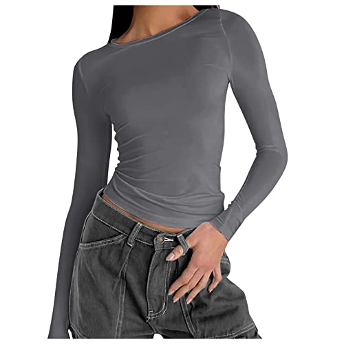 Langarmshirt Mädchen T-Shirt Damen Weiß Baumwolle Rundhals Longbluse Damen Langarm Lässig Damen T-Shirt Slim Fit Damen Basic Langarmshirt Bluse Damen Sexy (GY1, S) von MKIUHNJ