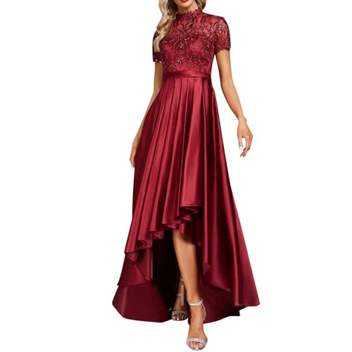 MKIUHNJ Asymmetrische Kleider Leichtes, luxuriöses, Elegantes Temperament-Weinrot-Spitzennaht-Abendkleid für Damen mit unregelmäßigem Saum Kleid Kurz Elegant Langarm Kleider Mit Plisseefalten von MKIUHNJ