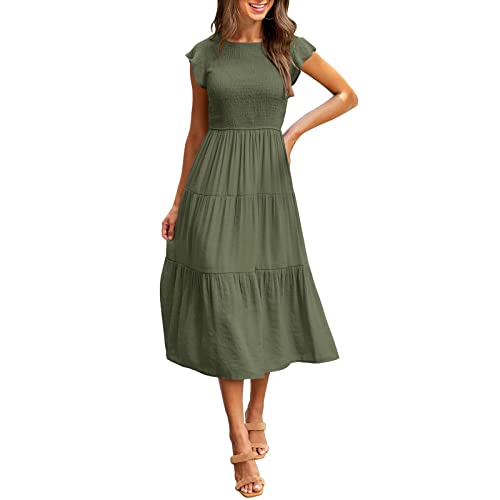 MKIUHNJ Cocktailkleid Damen Elegant,Kleid Damen Sommer,Kleid Damen Sommer,Damen Sommer Casual Flutter Kurzarm Rundhalsausschnitt Gesmokt Elastische Taille Gestuftes Midikleid Weißes Kleid Langarm von MKIUHNJ