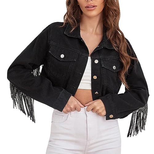 MKIUHNJ Damen Crop Denim Jacke Quaste Lässiger Jeansmantel mit Fransen Damen Herbst Jeansjacke (Black, L) von MKIUHNJ