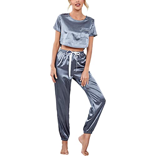 MKIUHNJ Damen-Pyjama-Set aus Satin, seidig, kurzärmlig, T-Shirt mit Langer Pyjama-Hose, weiche Loungewear Schlafanzug Damen Warm Flanell von MKIUHNJ